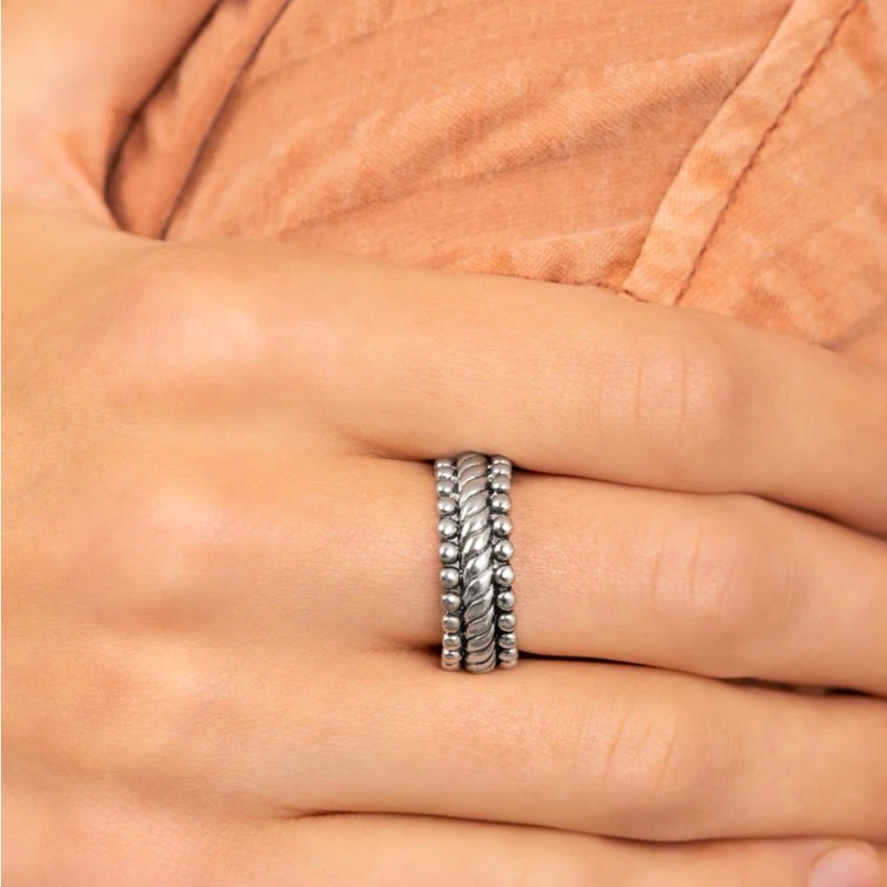 Sterling Silver Stacked Beaded Rope Ring - Silver